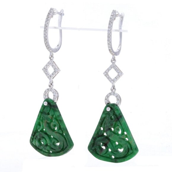 White Gold Jade & Diamond Fan Hoop Dangle Earrings - 18k Carved .33ctw Pierced